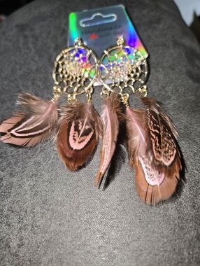 Pink and Brown Feather Dreamcatcher Earrings Bohemian Festival Style. 250